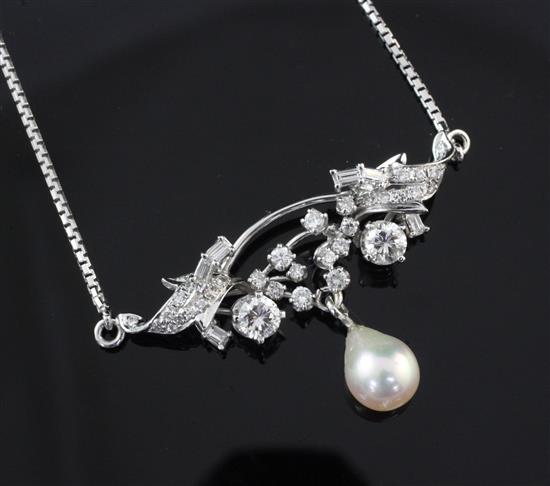 A white gold, diamond and cultured pearl drop pendant necklace, chain 18in.